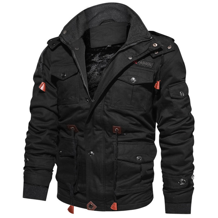 Men's windproof multifunctional field jacket made of canvas with warming teddy plush lining and adjustable drawstring hood