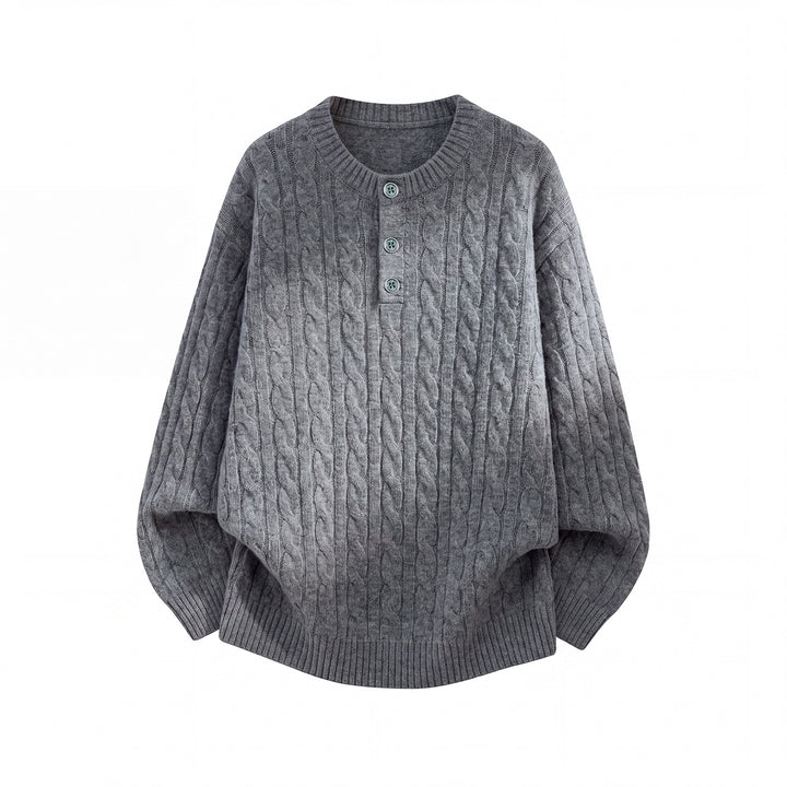 Unisex Oversize Cable Knit Sweater with Henley Button Placket Mune Fashion