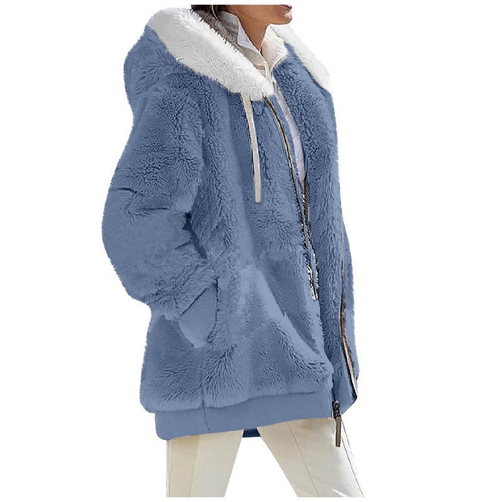 Ladies Cozy Teddy Hoodie Jacket with Contrast Trim, Zipper and Insert Pockets Mune Fashion