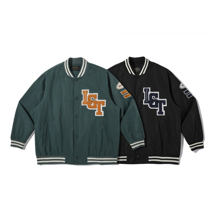 Unisex College Bomber Jacket with quilted patch, striped ribbed hems and snap button placket Mune Fashion
