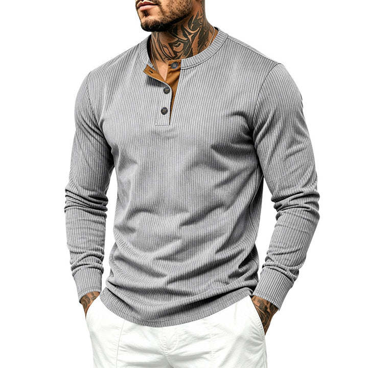 Men's Ribbed Long Sleeve Henley with Stand-Up Collar, Contrast Button Placket and Ribbed Cuffs Mune Fashion