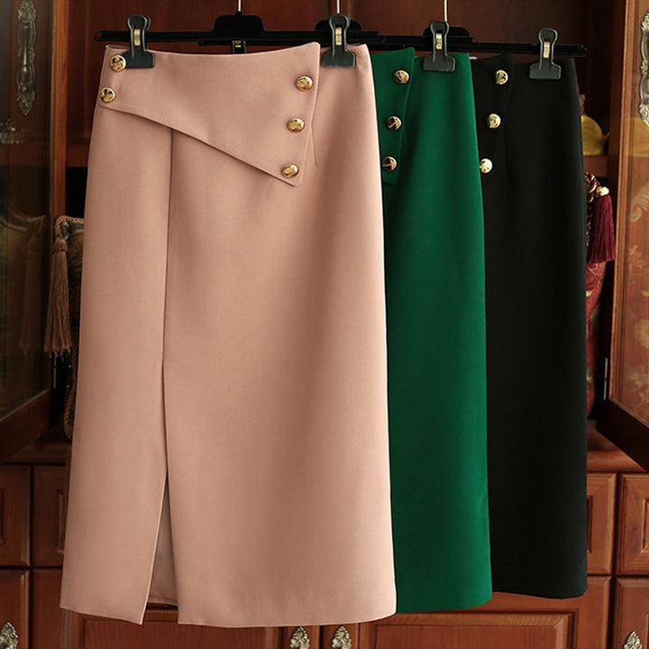 Women's Elegant Midi Skirt with Asymmetrical Cut and Gold Buttons Mune Fashion