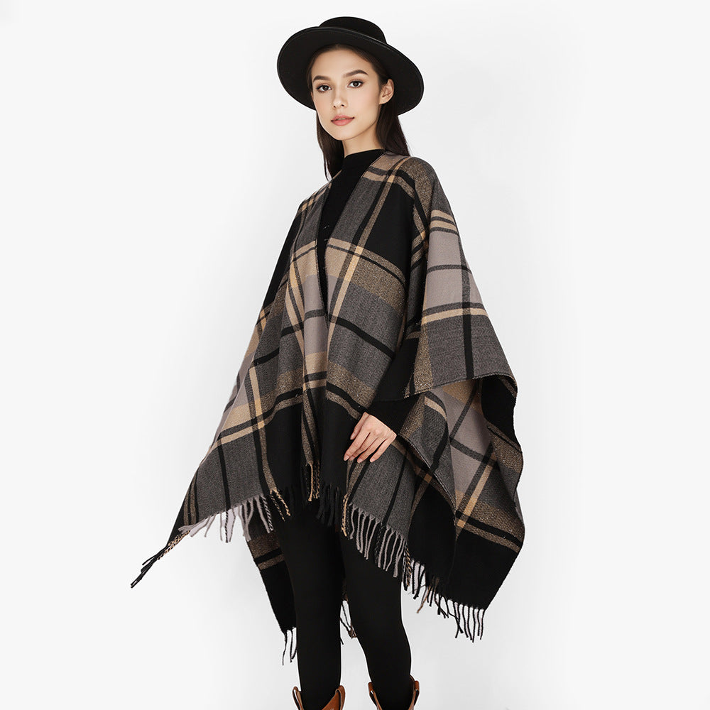 Women's Rectangular Plaid Throw with Soft Wool Blend and Fringe Hem Mune Fashion