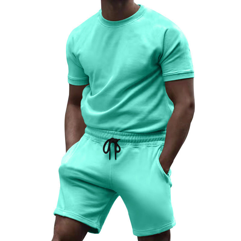 Men's short-sleeve sweat set made of soft sweatshirt fabric with a round neck shirt and drawstring shorts Mune Fashion