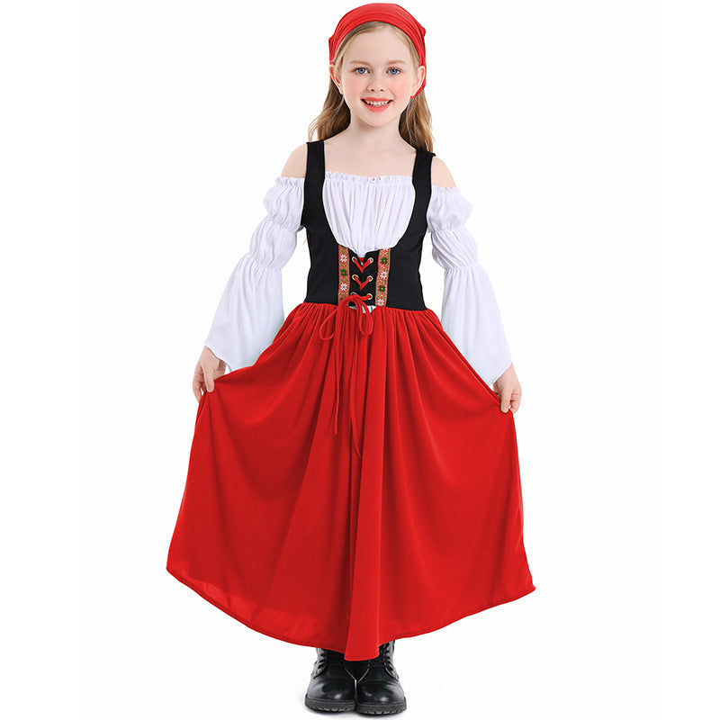 Ladies medieval girl costume with laced bodice and headscarf Mune Fashion