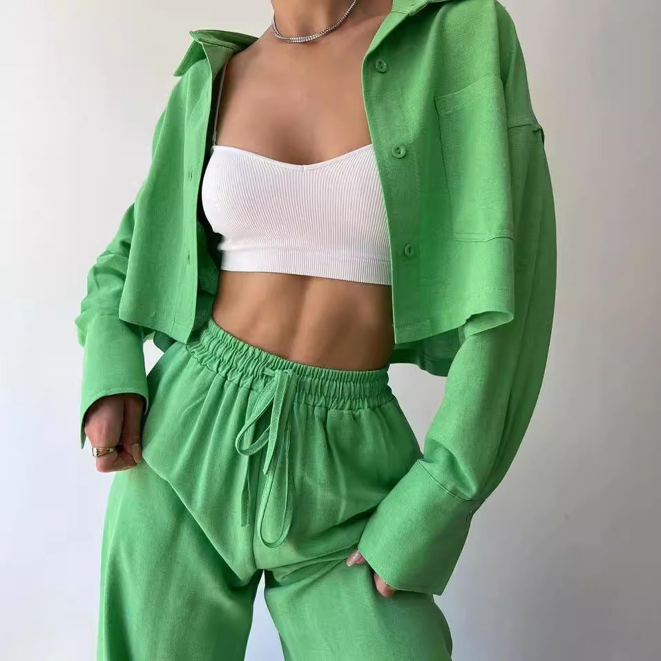 Ladies Linen Look Loungewear Set with Cropped Overshirt and High Waist Drawstring Pants Mune Fashion
