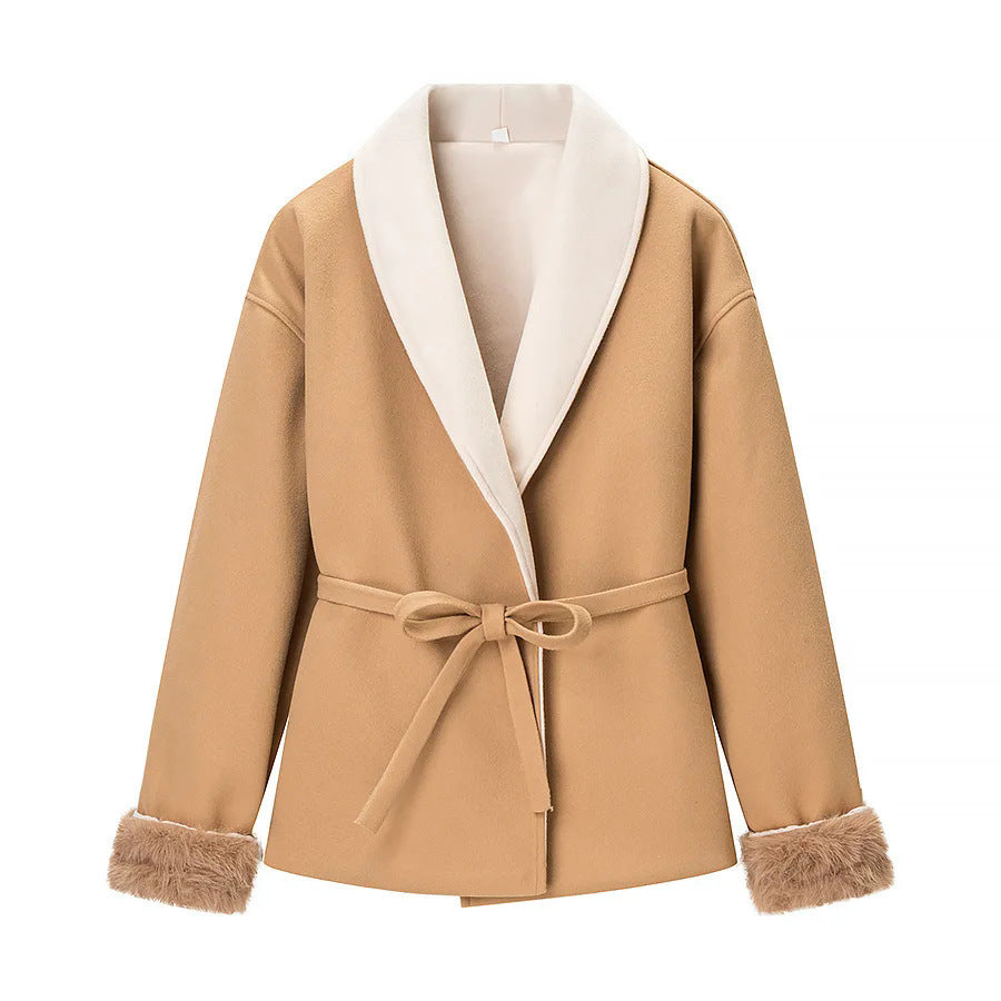 Ladies tailored short jacket with generous shawl collar, tie belt, and faux fur cuffs Mune Fashion