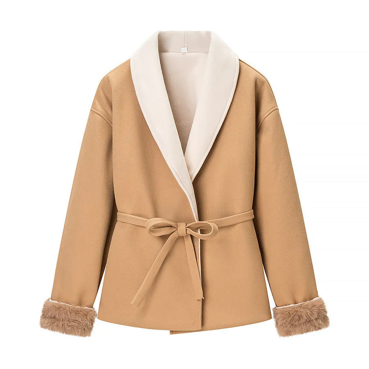 Ladies tailored short jacket with generous shawl collar, tie belt, and faux fur cuffs Mune Fashion