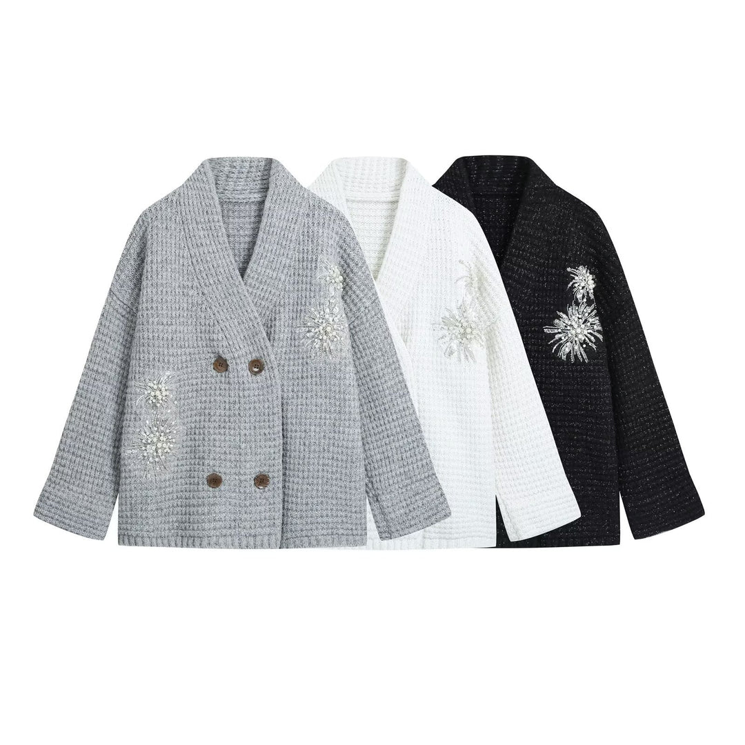 Women's Waffle Knit Cardigan with Double-Breasted Button Placket and Decorative Application Mune Fashion