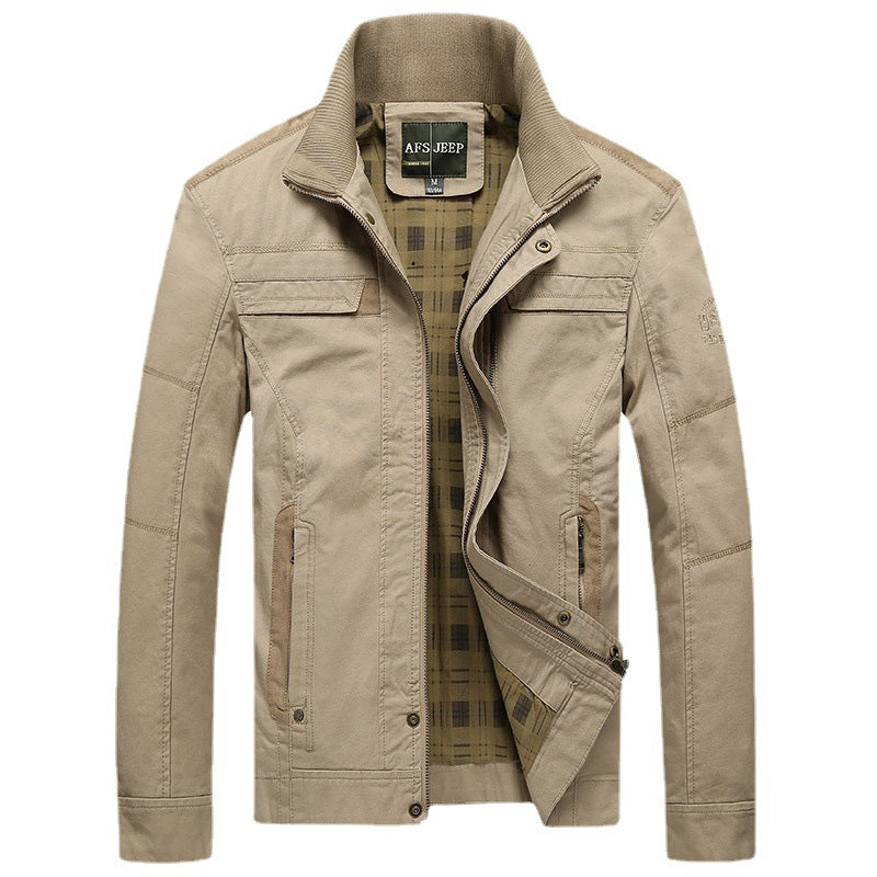 Men's canvas transition jacket with ribbed collar, concealed zipper, and checkered lining Mune Fashion