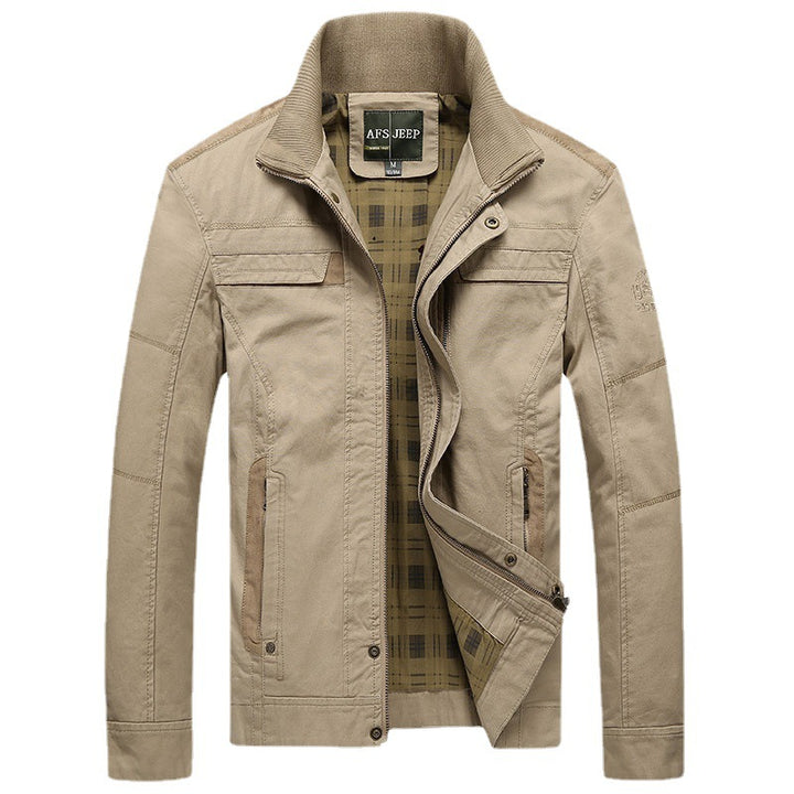 Men's canvas transition jacket with ribbed collar, concealed zipper, and checkered lining Mune Fashion