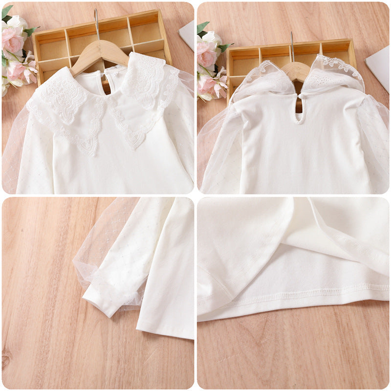 Girl blouse with romantic tulle sleeves and elegant lace accents Mune Fashion
