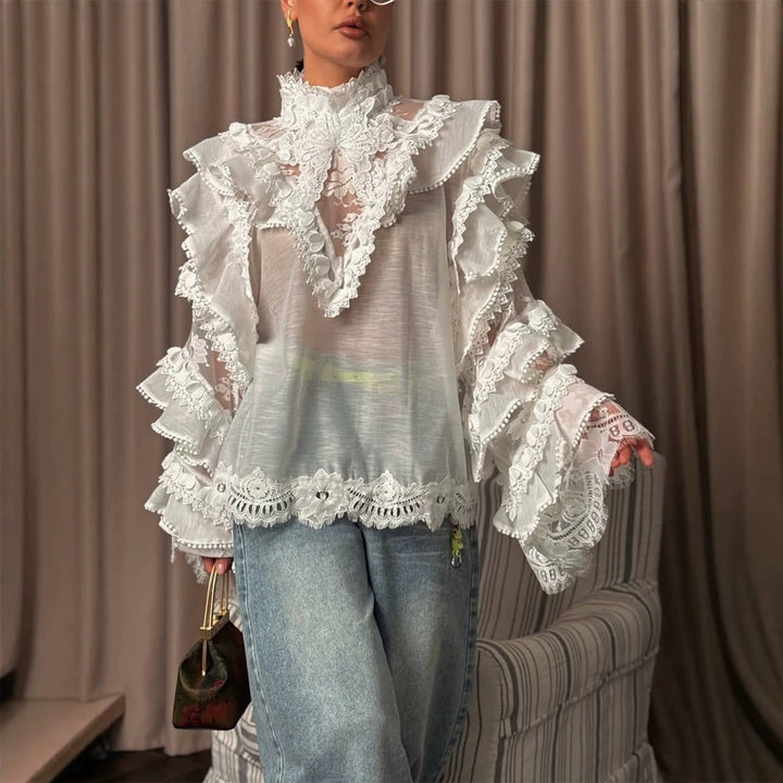 Women's Transparent Lace Blouse with Ruffle Sleeves and High Stand Collar Mune Fashion