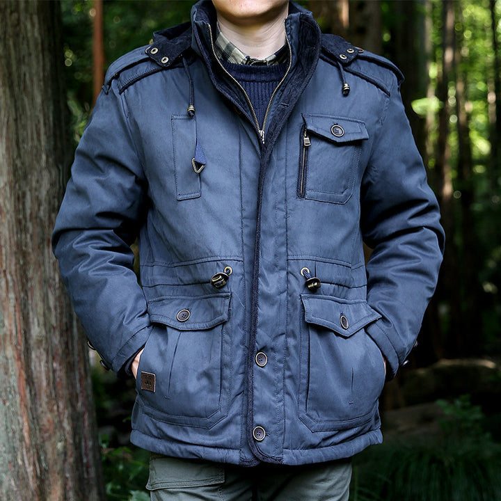 Men's quilted field parka with hood, shoulder flaps and multifunctional pockets