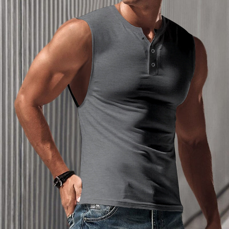 Men's sleeveless muscle shirt with Henley button placket, deep armhole, and elastic cotton blend Mune Fashion