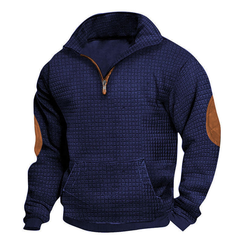 Men's thermo-regulating waffle knit half-zip pullover with kangaroo pocket and faux leather elbow patches Mune Fashion