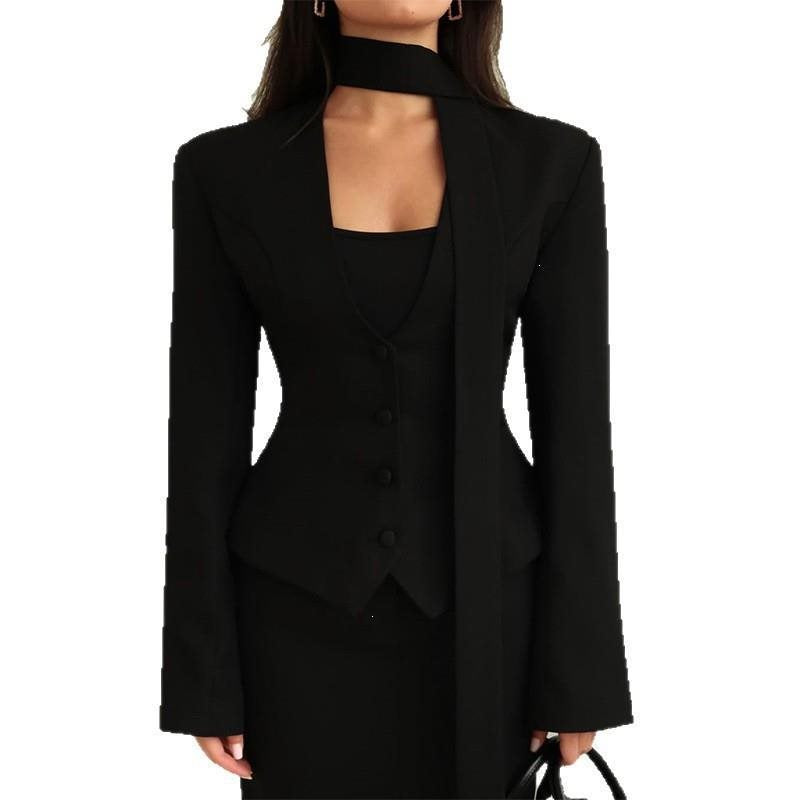 Women Tailored Blazer with Tie Scarf and Fitted Vest Mune Fashion