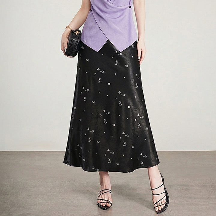 Women's A-line midi skirt in jacquard satin with floral and butterfly reliefs Mune Fashion