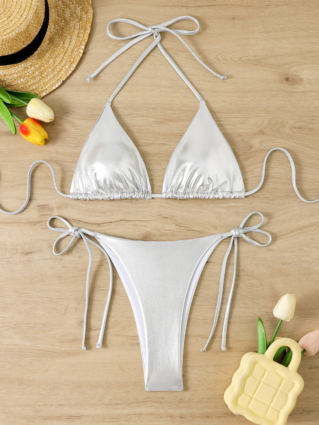 Women's Shiny Triangle Bikini Set with Adjustable Straps Mune Fashion
