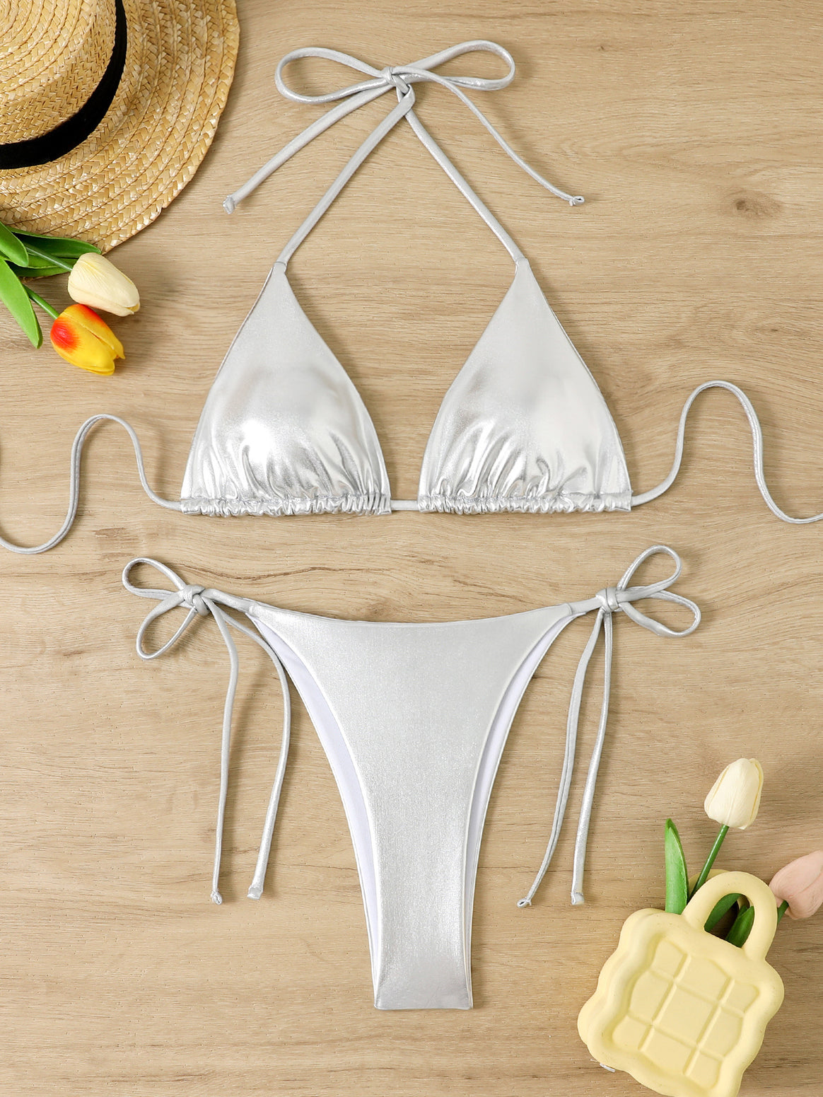 Women's Shiny Triangle Bikini Set with Adjustable Straps Mune Fashion