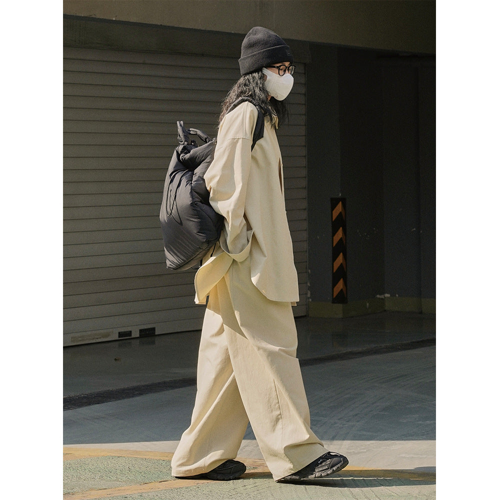 Women Oversize Shirt Jacket with Boxy Silhouette and High-Waist Stretch Waist Pants in Set Mune Fashion