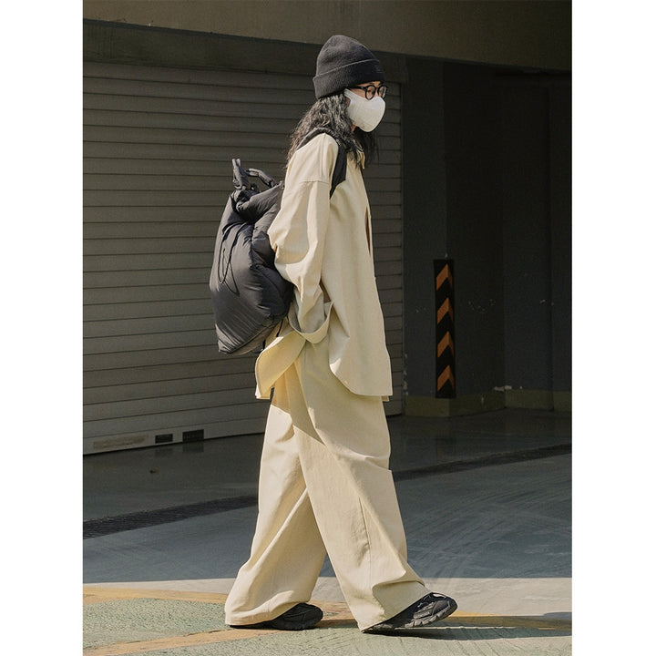 Women Oversize Shirt Jacket with Boxy Silhouette and High-Waist Stretch Waist Pants in Set Mune Fashion