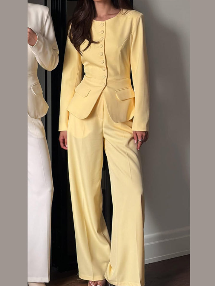 Women's Tailored Blazer with Round Neckline, Decorative Fabric Buttons and Flap Pockets Mune Fashion
