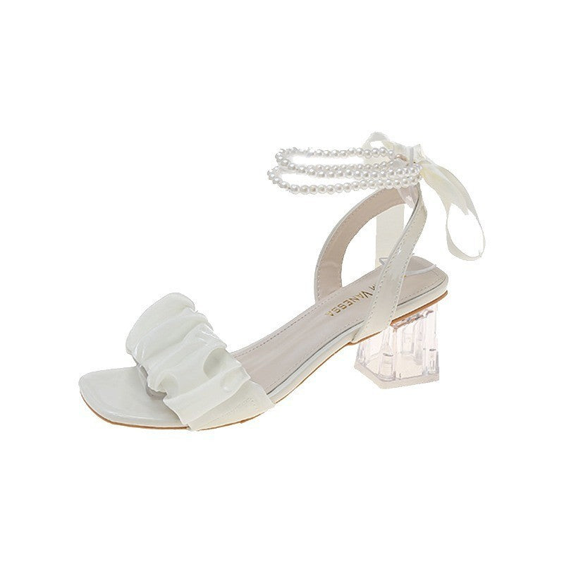 Women Open Strap Sandals with Pearl Accents, Ruffle Front and Transparent Block Heel Mune Fashion