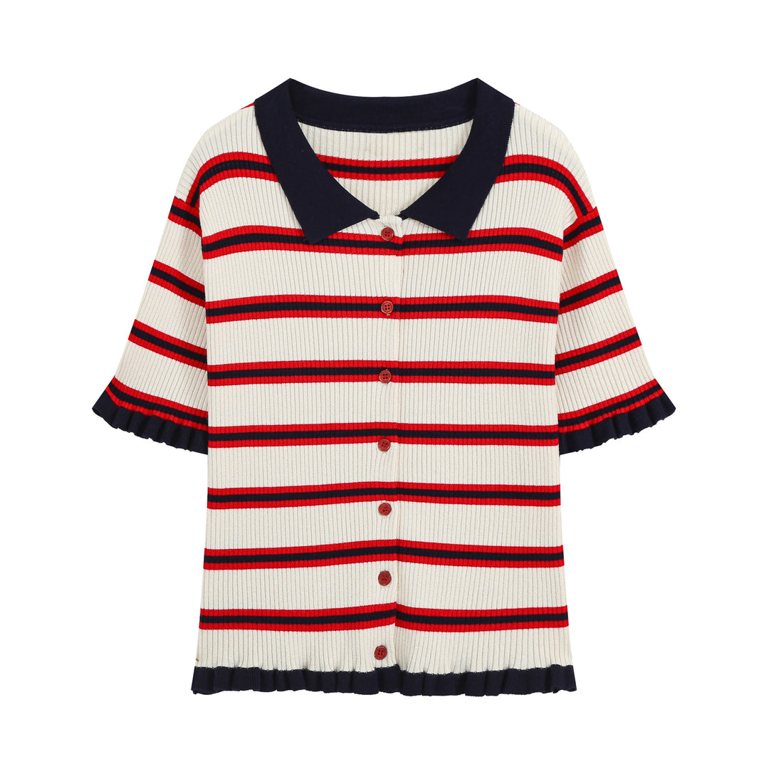 Women's Short-Sleeved Ribbed Polo Collar Cardigan with Button Placket and Ruffle Hem Mune Fashion