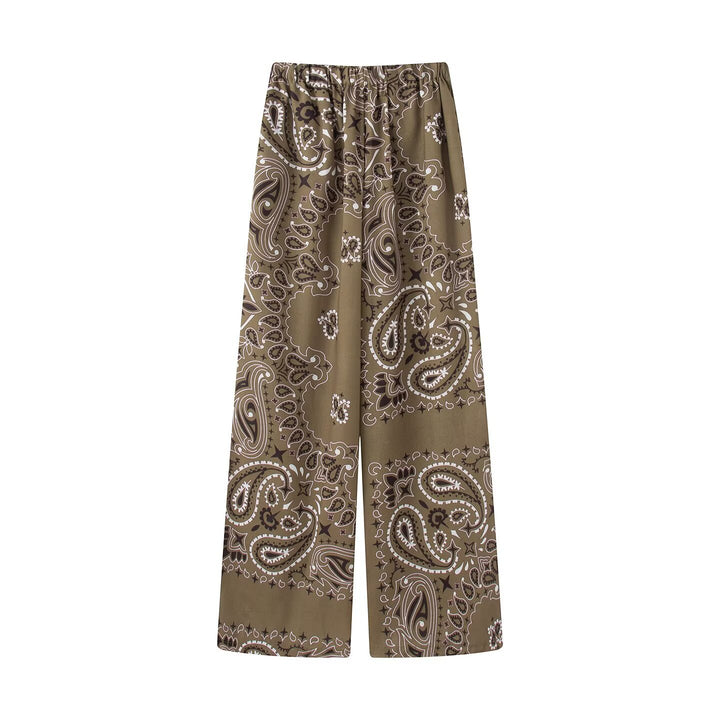 Women's Two-Piece Satin Look Lounge Set with Paisley Print, Kimono Collar Blouse and Wide Culotte Pants Mune Fashion