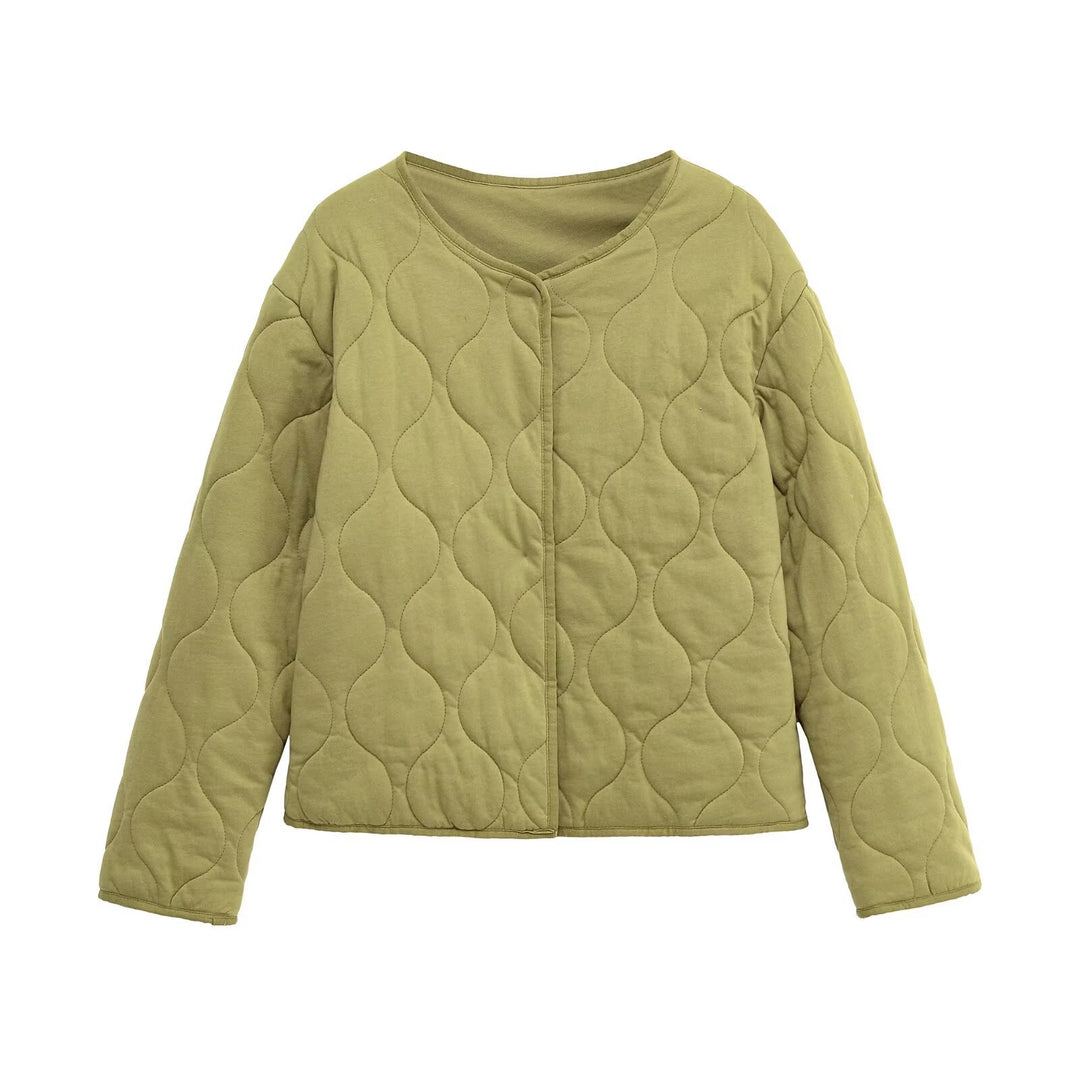 Ladies Quilted Short Jacket in Oversized Cut with Round Neck and Wave Stitching Mune Fashion