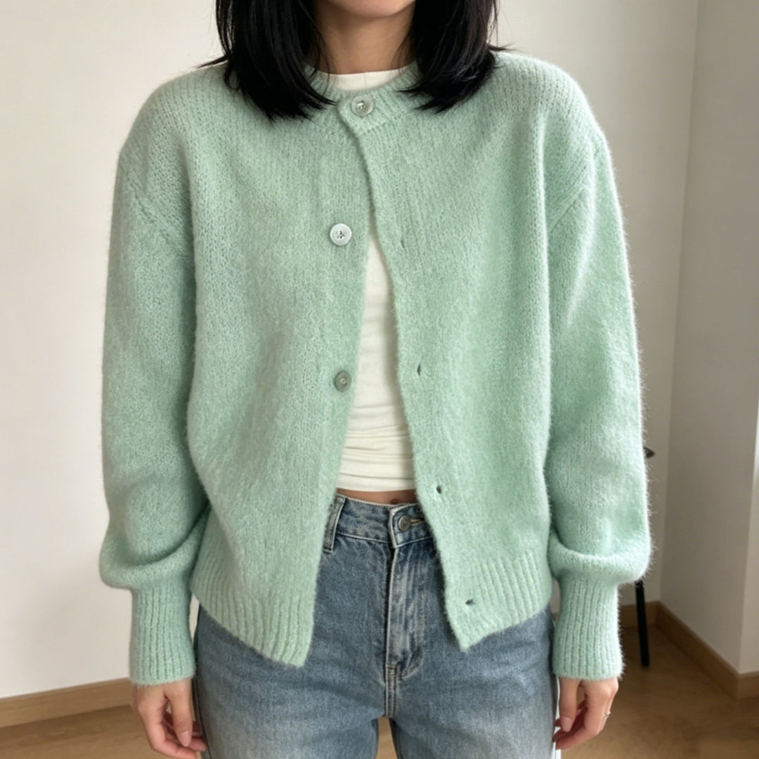 Women's Cozy Mohair-Look Cardigan with Round Neck and Balloon Sleeves Mune Fashion