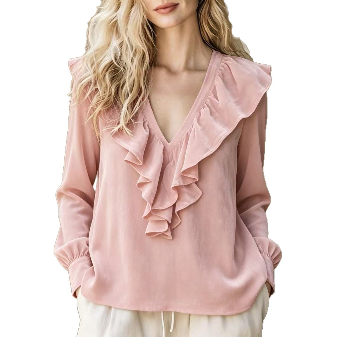 Women Ruffled V-Neck Blouse made of Chiffon with Ruffled Collar and Elastic Cuffs Mune Fashion