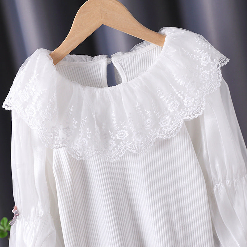 Women elegant blouse with romantic lace collar and ruffle details Mune Fashion