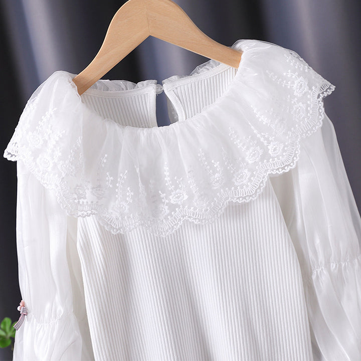 Women elegant blouse with romantic lace collar and ruffle details Mune Fashion