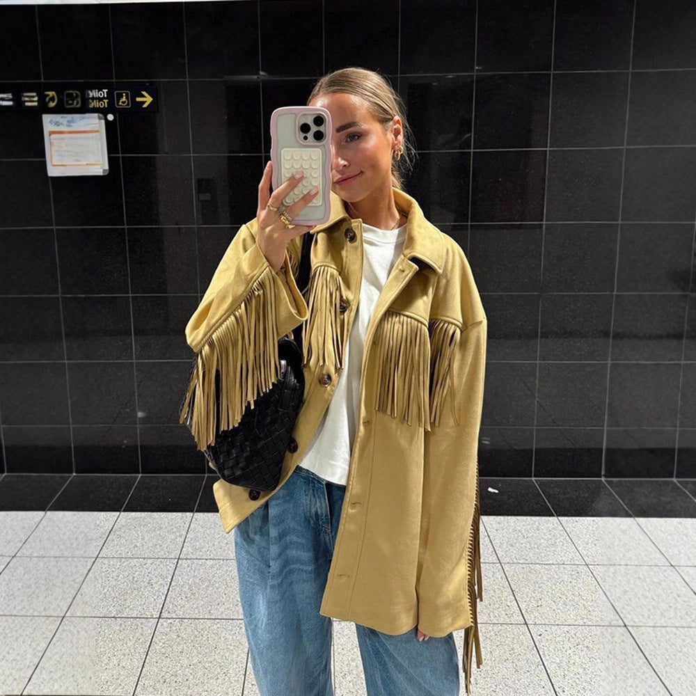 Women’s Oversize Fringe Jacket in Western Style made of Suede-Look with Shirt Collar Mune Fashion