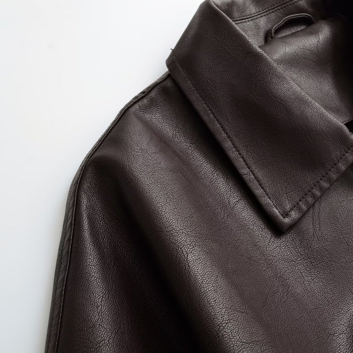 Women's Short Boxy Bomber Jacket in Vegan Leather Look with Shirt Collar and Elastic Waistband Mune Fashion