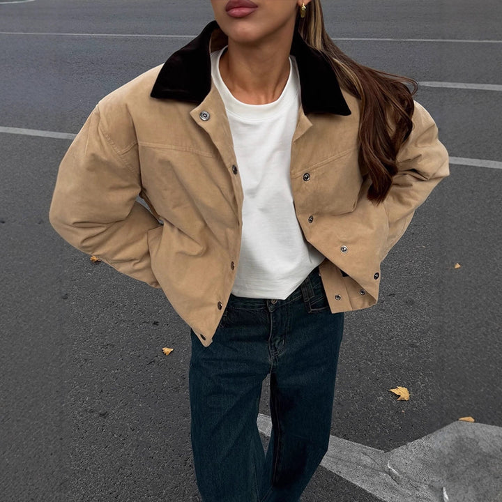 Women's Short Cord Workwear Blouson with Contrast Collar Mune Fashion