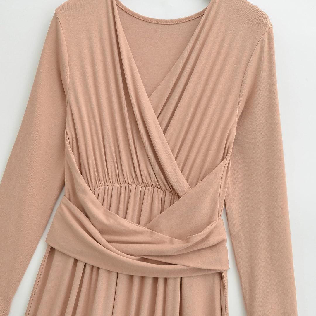 Women's Maxi Wrap Dress with Tailored Wrap Section and Long Sleeves Mune Fashion