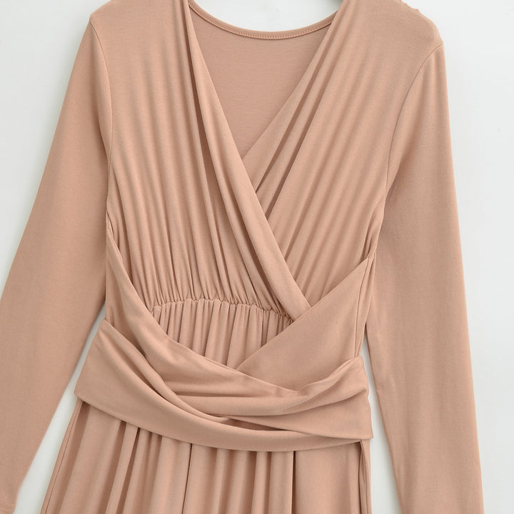 Women's Maxi Wrap Dress with Tailored Wrap Section and Long Sleeves Mune Fashion