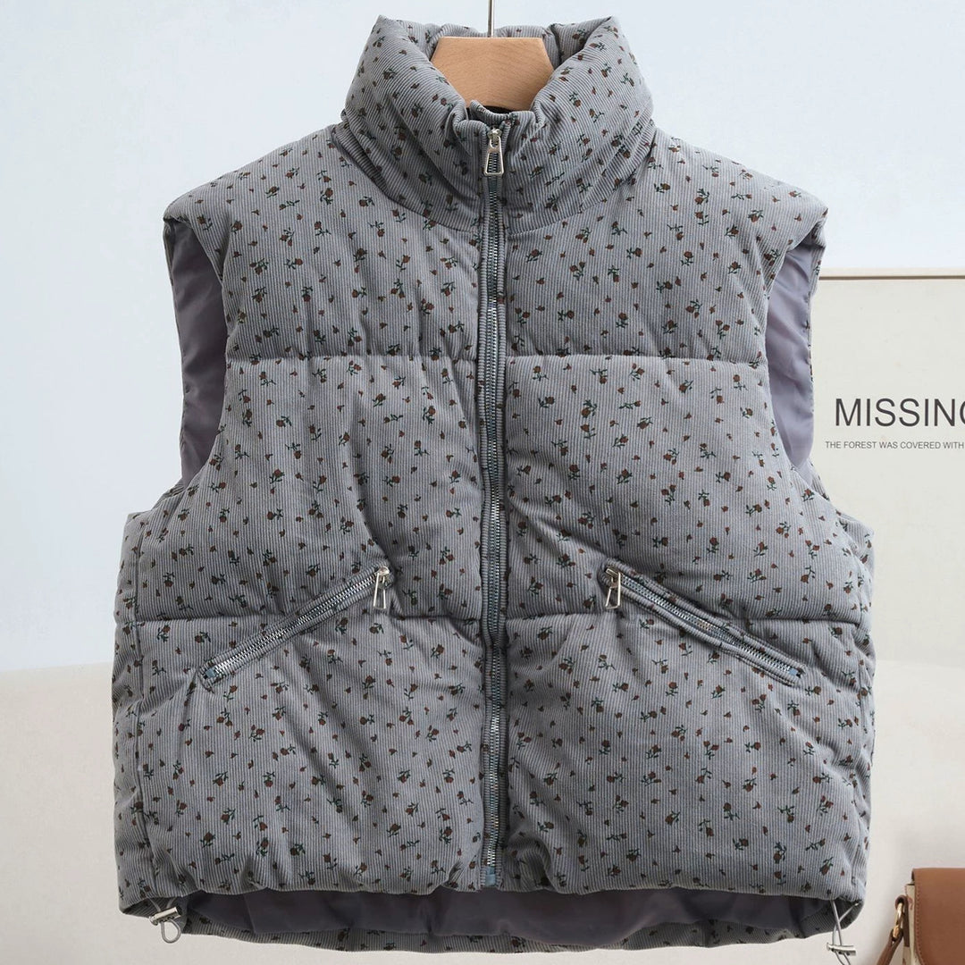 Women's Lightweight Quilted Cord Waistcoat with Stand-Up Collar and Zipper Pockets Mune Fashion