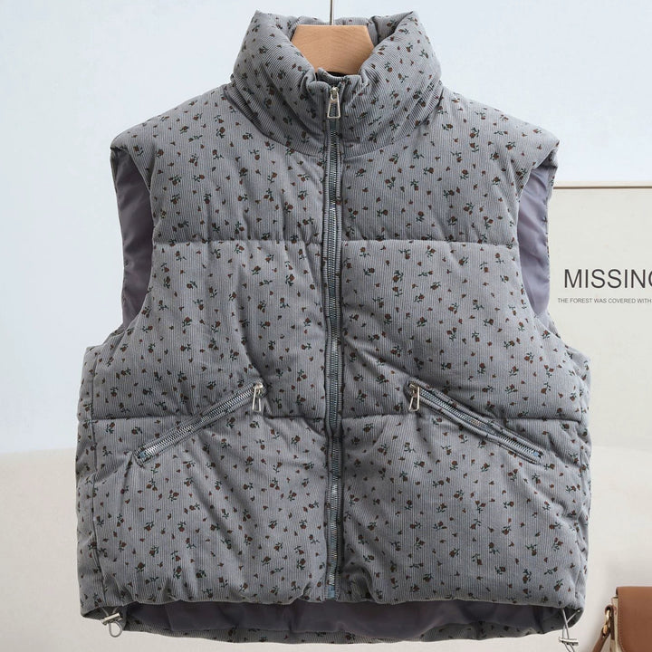 Women's Lightweight Quilted Cord Waistcoat with Stand-Up Collar and Zipper Pockets Mune Fashion
