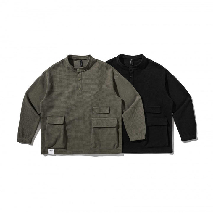 Unisex Oversize Waffle Knit Henley Sweatshirt with Stand-Up Collar, Snap Placket and Utility Pockets Mune Fashion