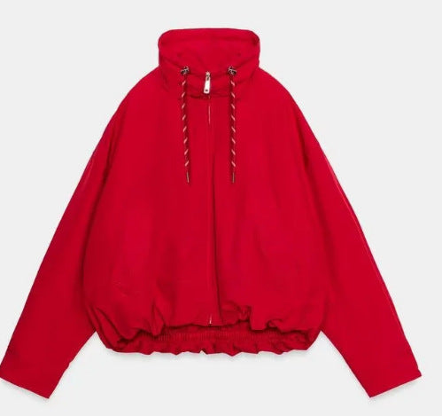 Women’s Oversize Cropped Hooded Jacket with Full Zip, Drawstring and Gathered Hem Mune Fashion