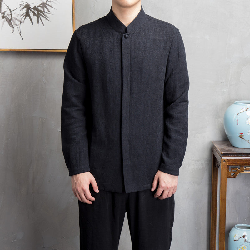Men's light linen shirt with stand-up collar and hidden button placket Mune Fashion