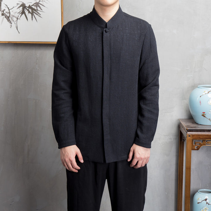 Men's light linen shirt with stand-up collar and hidden button placket Mune Fashion