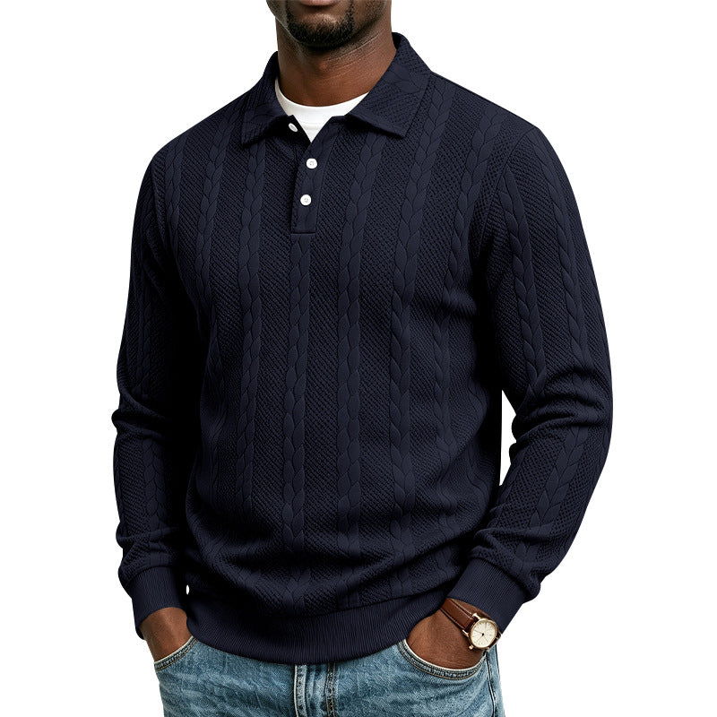 Men's Knitted Polo Collar Sweater with Cable Pattern and Fine Button Placket Mune Fashion