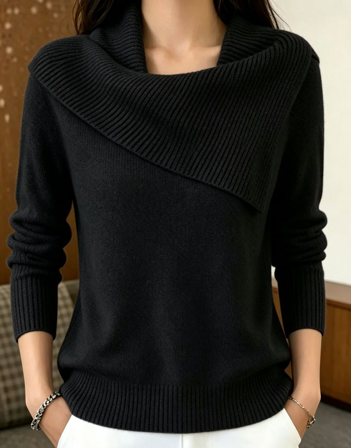 Women Oversized Turtleneck Sweater with Asymmetric Shawl Collar Mune Fashion