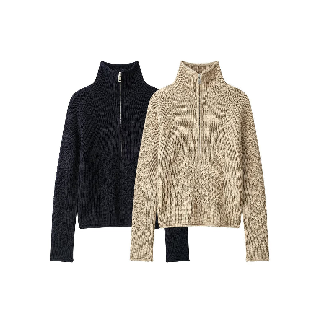 Ladies chunky knit pullover with half zipper and high stand-up collar Mune Fashion