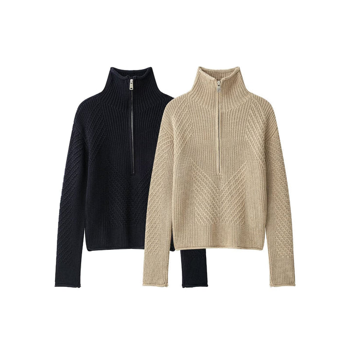 Ladies chunky knit pullover with half zipper and high stand-up collar Mune Fashion
